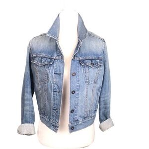 Levi's‎ Trucker Jacket Womens Size S/P Blue Jean Distressed Classic Cropped